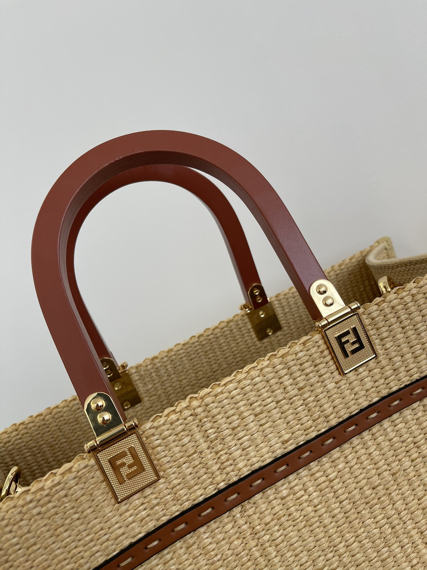 Fendi Medium Sunshine Shopper Brown Leather and Beige Cotton Bag